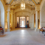 Entrance Hall to Bentley Priory Museum, with its intricate ceiling and stain-glass windows