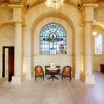 Stain glass window in the entrance hall, depicting a Spitfire airplane and pilot
