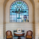 Stain glass window in the Entrance Hall, depicting a Spitfire and Battle of Britain pilot